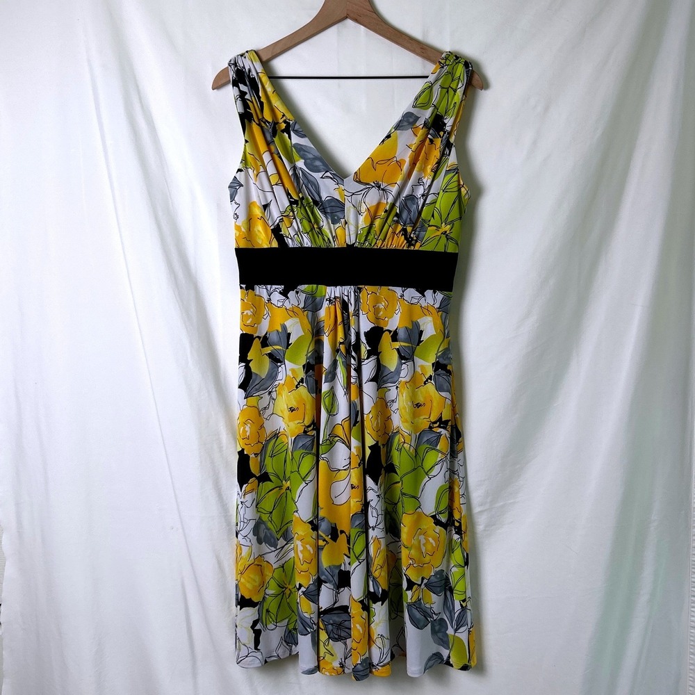 Jones Wear Womens Floral V-Neck Empire Waist Fit & Flare Dress Size 10 Yellow